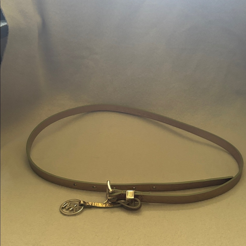 Michael Kors Gold Leather Belt with Silver MK Charm Accent